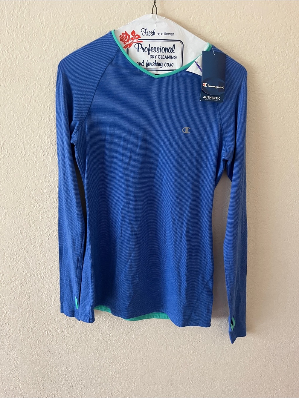 Champion Women's Blue Long-Sleeve Crewneck with Mint Trim